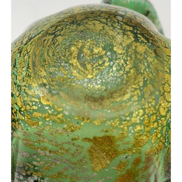 Vintage Hand Blown Art Glass Bowl Four Leaf Clover Emerald Green Gold Mica 6” - Picture 7 of 7